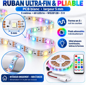 Kit Ruban télécommande+ LED Adressable 5 m 5 V, PCB 5 mm Pliable,