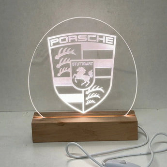 Lampe personnalisée Porsche Gravure Symbole Socle bois