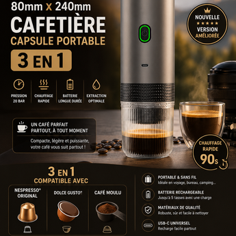 Cafetière Portable 3 en 1 — Capsules & Café Moulu — 20 Bar