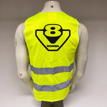 Gilet jaune Scania V8 vu de dos avec grand logo noir et bandes réfléchissantes