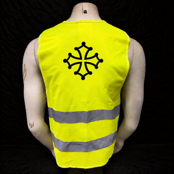 Gilet jaune Occitanie de dos avec croix occitane noire sur fond noir