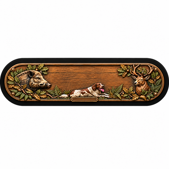 Plaque lumineuse chasse avec sanglier, cerf et chien, vue complète centrée sur fond blanc