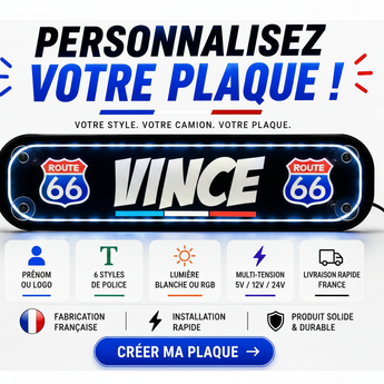 Plaque lumineuse camion prénom personnalisée + logos – Enseigne pare-brise LED