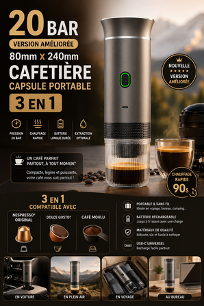 Cafetière Portable 3 en 1 — Capsules & Café Moulu — 20 Bar