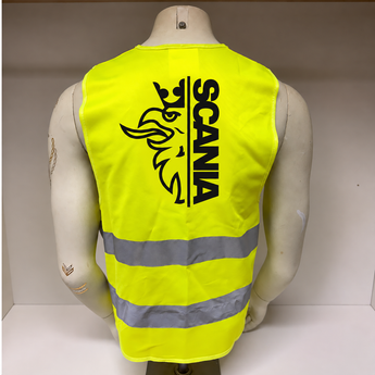 Gilet jaune Scania avec griffon noir vu de dos et deux bandes réfléchissantes