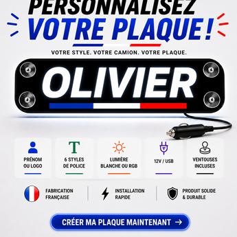 Plaque lumineuse camion prénom personnalisée – Enseigne LED cabine camion